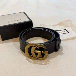 Gucci GG Marmont Black Leather Belt Gold Buckle 85/34 With Box Dust Bag